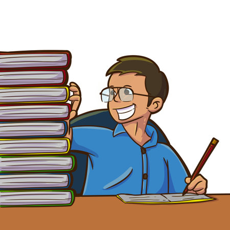learning with a pile of booksの写真素材