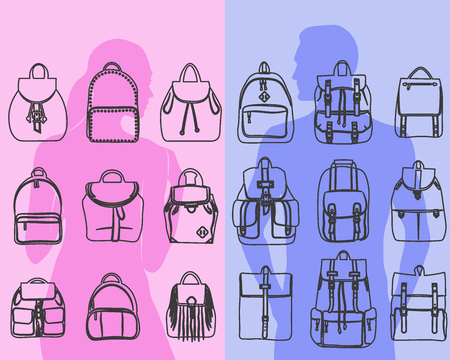 fashionable men and bags urban backpack briefcase, shoulder bag, travel backpackのイラスト素材