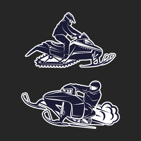 Snowmobiling Silhouette on black background vector setのイラスト素材