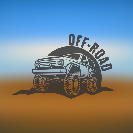 off-road suv car monochrome labels, on blurred background.のイラスト素材