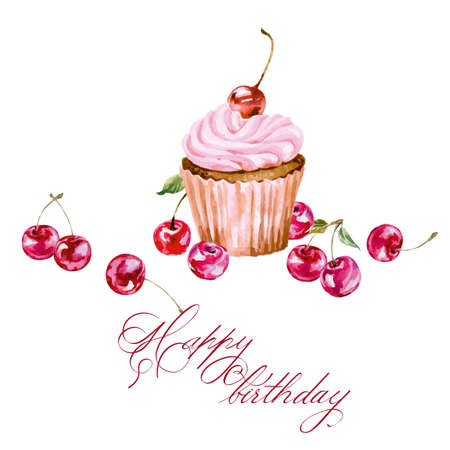 Birthday card with watercolor cupcake and cherry. Vector illustration.のイラスト素材