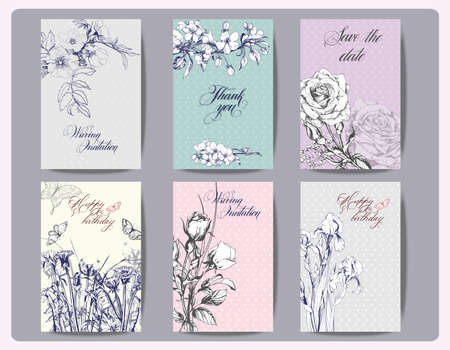 Vintage Floral Cards Set. Frame with Roses, irises, and other Flowers. Vector illustrationのイラスト素材