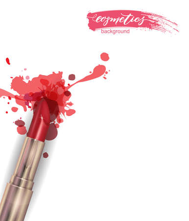 Red lipstick on white background. Beauty and cosmetics background. Use for advertising flyer, banner, leaflet. Template Vector.のイラスト素材