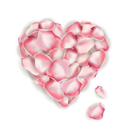Heart shape of pink rose petals isolated on a white background. Valentines Day Card. Vector template.のイラスト素材