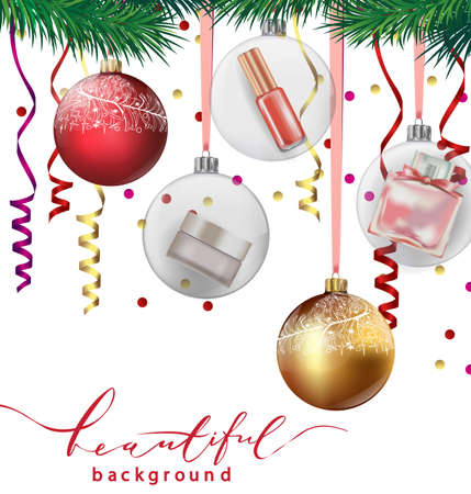 eauty and cosmetics background with Christmas tree branches, balloons, confetti, cosmetics. Use for advertising flyer, banner, leaflet. Christmas And New Year background. Template Vector.のイラスト素材