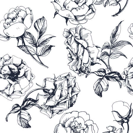 Seamless floral pattern with a blossoming branch of rose. Vector Illustrationのイラスト素材