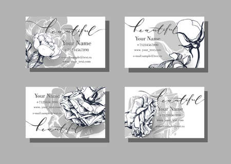 Floral vector visiting or business card template with roses on a white background.のイラスト素材