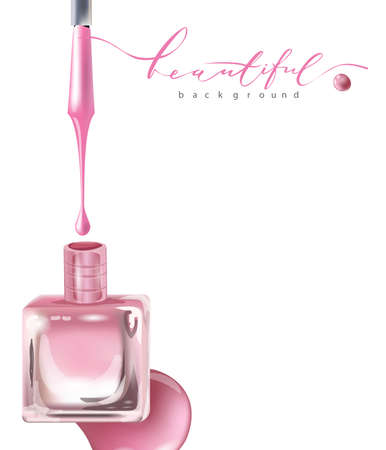 Pink nail polish in glass bottle open lid and color drop of nail polish. Beauty and cosmetics background. Isolated on white. Template Vector.のイラスト素材