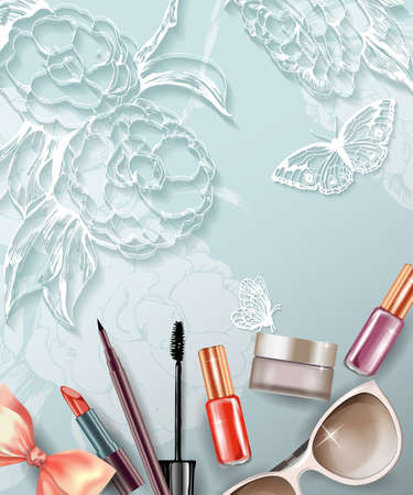 Cosmetics and fashion background with make up artist objects: lipstick, cream, mascara eyeliner. With place for your text .Template Vector.のイラスト素材