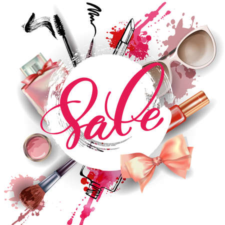 Cosmetics and fashion background with make up artist objects: women's black shoes, perfumes, nail Polish, keys with keychain, lip gloss, mascara, blush, powder brush, powder puff. Sale Concept.のイラスト素材