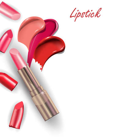 Pink lipstick and Collection of various Smears lipstick on white background. Beauty and cosmetics background. Use for advertising flyer, banner, leaflet. Template Vector.のイラスト素材