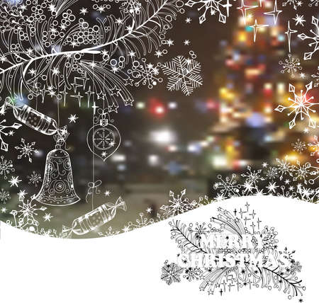 Christmas And New Year Greeting Cards on blurred background with Christmas trees, Christmas decorations, snowflakes. Template Vectorのイラスト素材