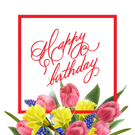 Happy Birthday card with with spring flowers, tulips, daffodils, Muscari. Vector templateのイラスト素材