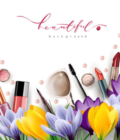 Spring sale concept. Cosmetics and fashion background with make up artist objects: lipstick, mascara, eyeliner, with flowering crocuses.Template vector.のイラスト素材