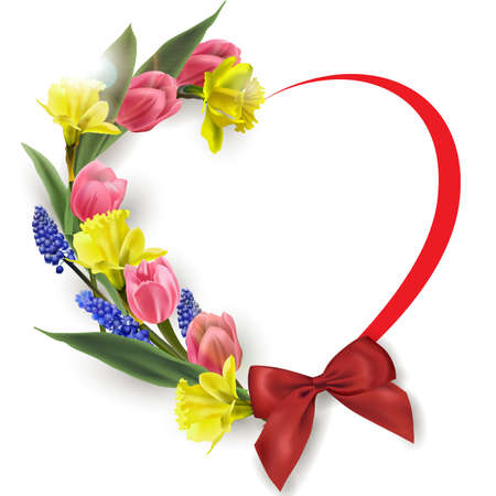 Valentines Day Card. The heart of the beautiful spring flowers, tulips, Muscari, daffodils.Spring background. The template vector.のイラスト素材