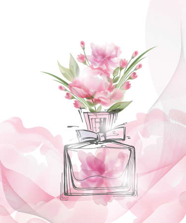 Beautiful perfume bottle with blooming beautiful pink flowers . Template Vector.のイラスト素材