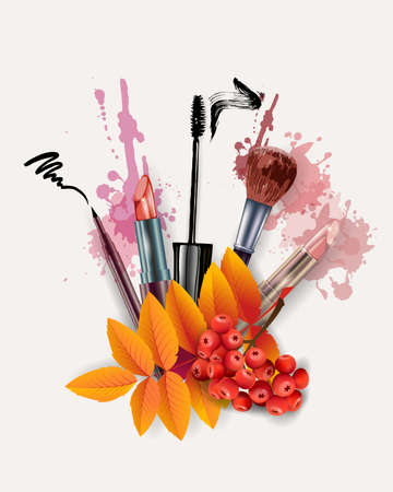 Autumn background with cosmetics and autumn leaves. With place for your text .Template Vector.のイラスト素材