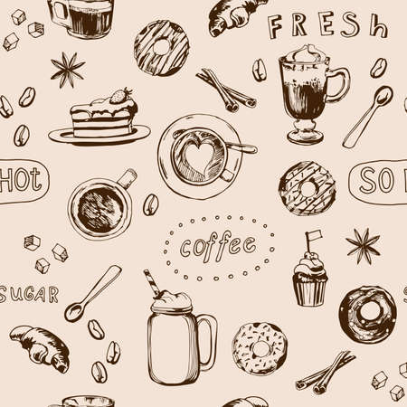 Seamless doodle coffee pattern, hand drawn. Vector illustrationのイラスト素材