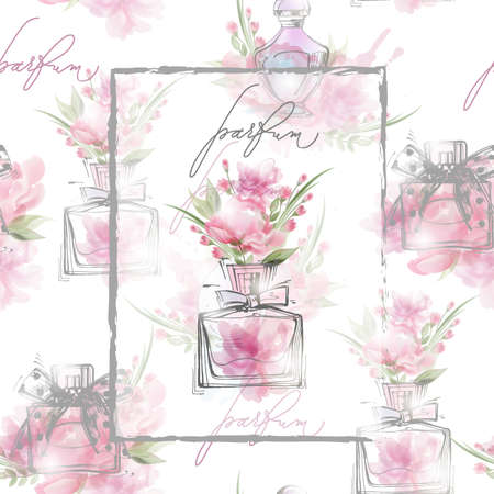 Beautiful perfume bottle with blooming beautiful pink flowers. Beautiful and fashion background. Template Vector.のイラスト素材
