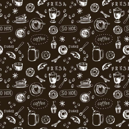 Seamless doodle coffee pattern, hand drawn. Vector illustrationのイラスト素材
