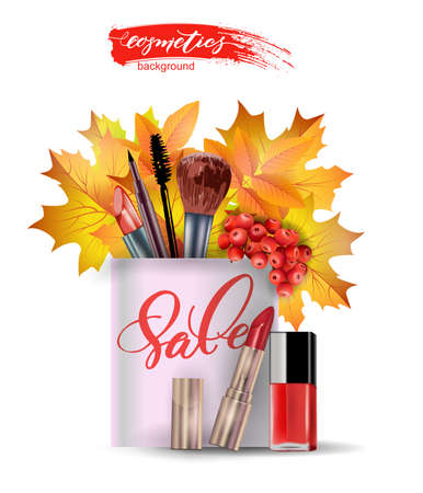 Beauty and cosmetics background with autumn leaves. Sale Concept. Template Vector.のイラスト素材