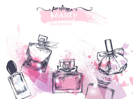 Beautiful perfume bottle, on watercolor background. Beautiful and fashion background. Vector illustration.のイラスト素材