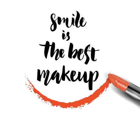 Smile is the best make up. Inspirational quote handwritten with black ink and brush, custom lettering for posters, t-shirts and cards, fashion design. Vector calligraphy isolated on white background.のイラスト素材