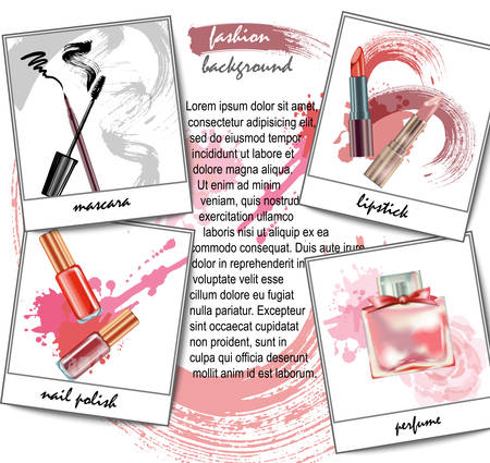 Cosmetics and fashion background with make up artist objects: lipstick, cream, brush. With place for your text .Template Vector.のイラスト素材