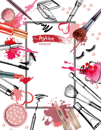Cosmetics and fashion background with make up artist objects: lipstick, cream, brush. With place for your text .Template Vector.のイラスト素材