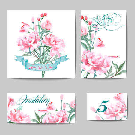 Wedding Invitation with a watercolor peonies. Card Use for Boarding Pass, invitations, thank you card. Template Vector.のイラスト素材