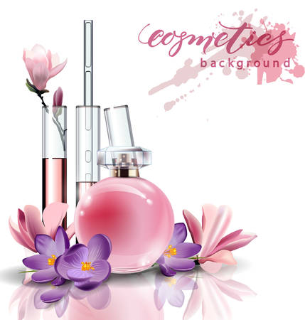 Natural cosmetics. Perfume. Flower extract in vitro.Natural cosmetics. Pink bottle women's perfume. Flower extract in vitro. . Vector templateのイラスト素材