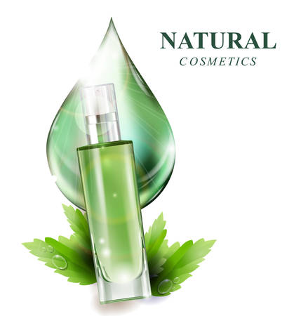 Beautiful perfume bottle with a cosmetic product, lotion, essence of green drops and green leaves. The concept of natural cosmetics. Vector templateのイラスト素材