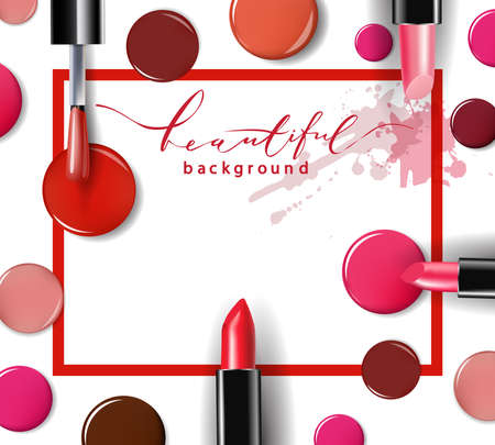 Cosmetics and fashion background with make up artist objects: lipstick, ip gloss, nail Polish. With place for your text .Template Vector.のイラスト素材