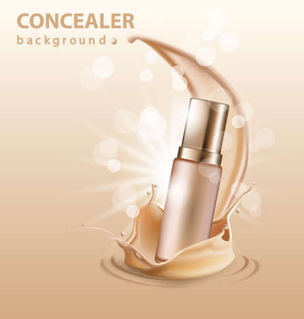 Concealer stick ads, 3d illustration foundation product with liquid foundation texture splashes in the air. Vector illustrationのイラスト素材
