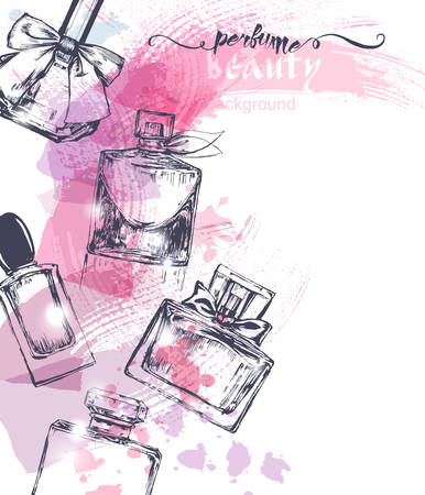 Beautiful perfume bottle, on watercolor background. Beautiful and fashion background. Vector illustration.のイラスト素材
