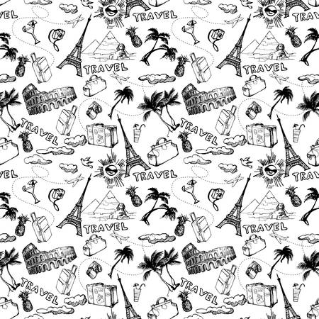 Travel seamless background. Hand drawn summer holidays pattern. Vector illustrationのイラスト素材