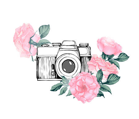 Vintage retro photo camera in flowers, leaves, branches on white background. Hand drawn Vector illustration,のイラスト素材