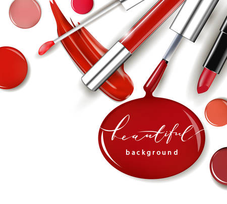 Cosmetics and fashion background with make up artist objects: lipstick, ip gloss, nail Polish. With place for your text .Template Vector.のイラスト素材