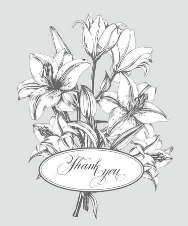 Vintage thank you card with blooming lilies and with butterflies. With place for your text. Use for Boarding Pass, birthday card, invitations Template Vector.のイラスト素材