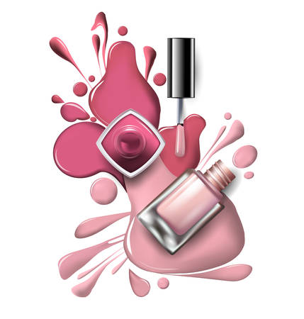 Top view of pink, lilac nail polish on white background Cosmetics and fashion background Template Vector.のイラスト素材