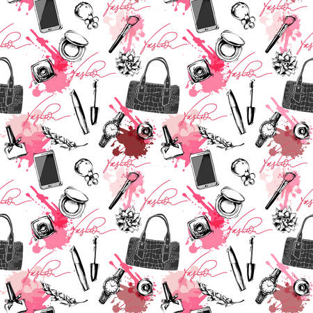 Vector hand drawn graphic fashion sketch flat shoes. Trend graphic contrast glamour fashion seamless pattern.のイラスト素材