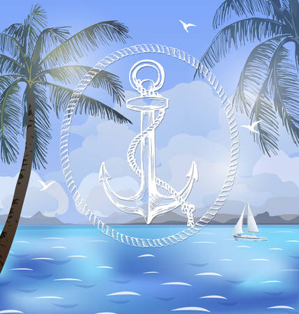 Summer holidays vector illustration. Beach, beautiful sailboat, palm trees, beautiful panoramic sea view, with clean water blue sky.のイラスト素材