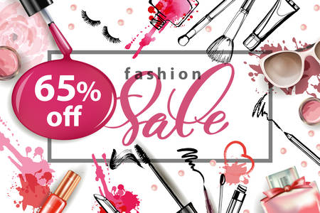 Cosmetics and fashion background with make up artist objects: women's black shoes, perfumes, nail Polish, keys with keychain, lip gloss, mascara, blush, powder brush, powder puff . Sale Concept.のイラスト素材