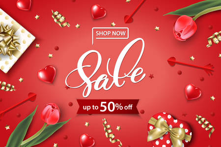 Valentines Day sale web banner. Top view on composition with gift box, red tulips, confetti,red sparkly hearts. Vector templateのイラスト素材