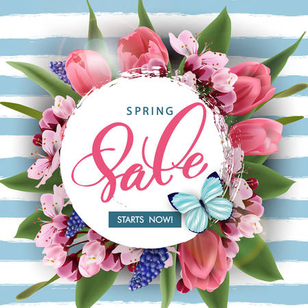 Spring sale concept. Spring background with flowering crocuses.Template vectorのイラスト素材