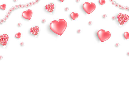 Valentines Day background. Top view on composition with pink glittering hearts, pink pearls, heart pink ribbon. Vector templateのイラスト素材