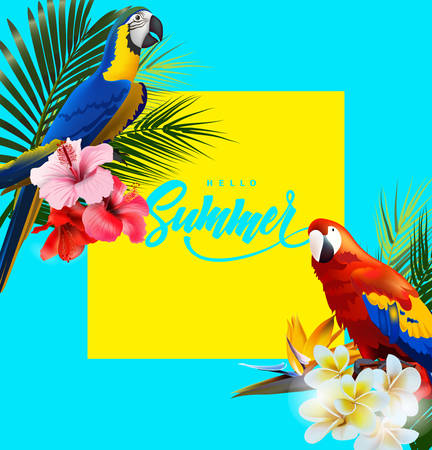 Summer holidays background with tropical flowers with colorful tropical parrots. Lettering hello summer template vector.のイラスト素材