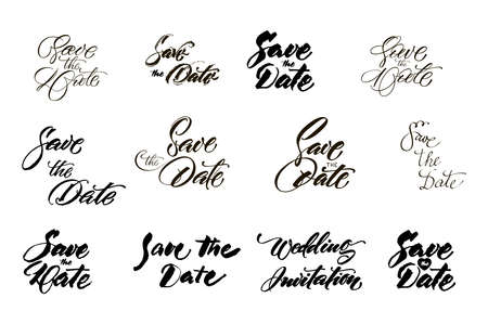 Save the date collection with hand drawn lettering, ampersands and catchwords. Vector set for design wedding invitations, photo overlays and cardsのイラスト素材