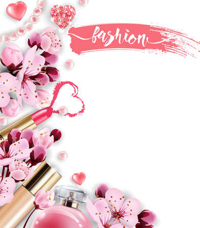 Cosmetics and fashion background with make up artist objects: perfume,pink pearl beads, sparkling hearts. Foundation, pink lipstick. with cherry flowers. Spring. fashion and Valentines day Conceptのイラスト素材