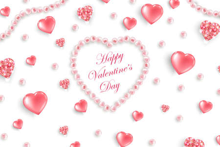 Valentines Day background. Top view on composition with pink glittering hearts, pink pearls, heart pink ribbon. Vector templateのイラスト素材